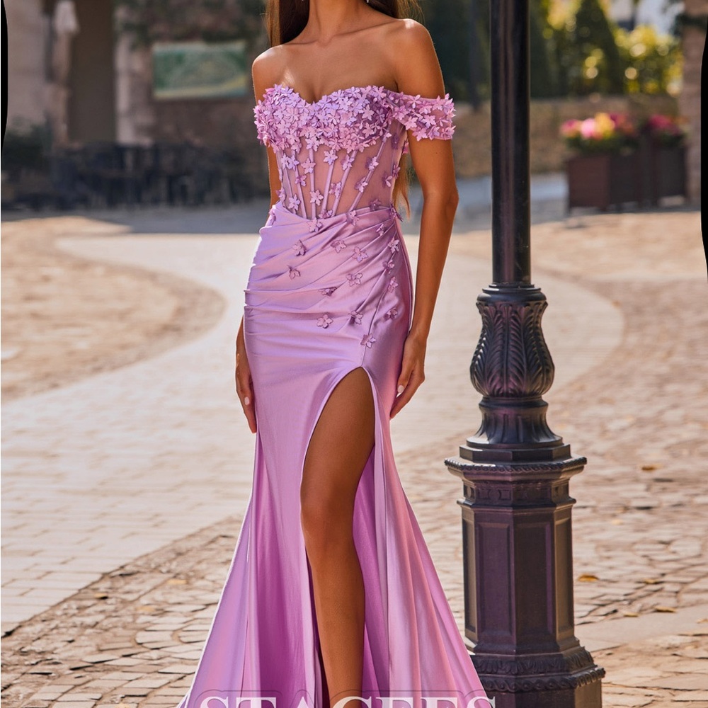 Stacees, Trumpet, off the shoulder silk like satin court train